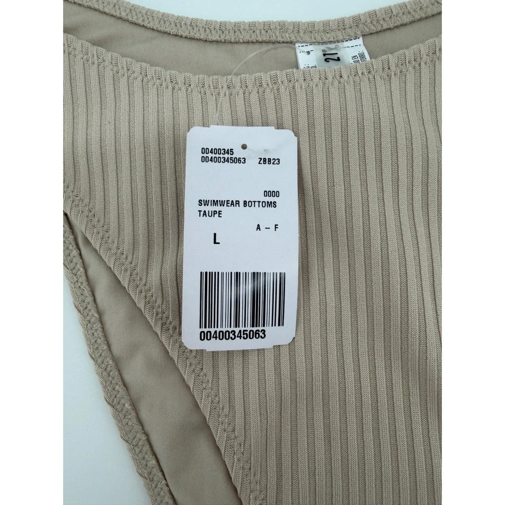Forever 21 Women Taupe Ribbed V-Front High Cut Bikini Swim Bottoms Large NWT‎